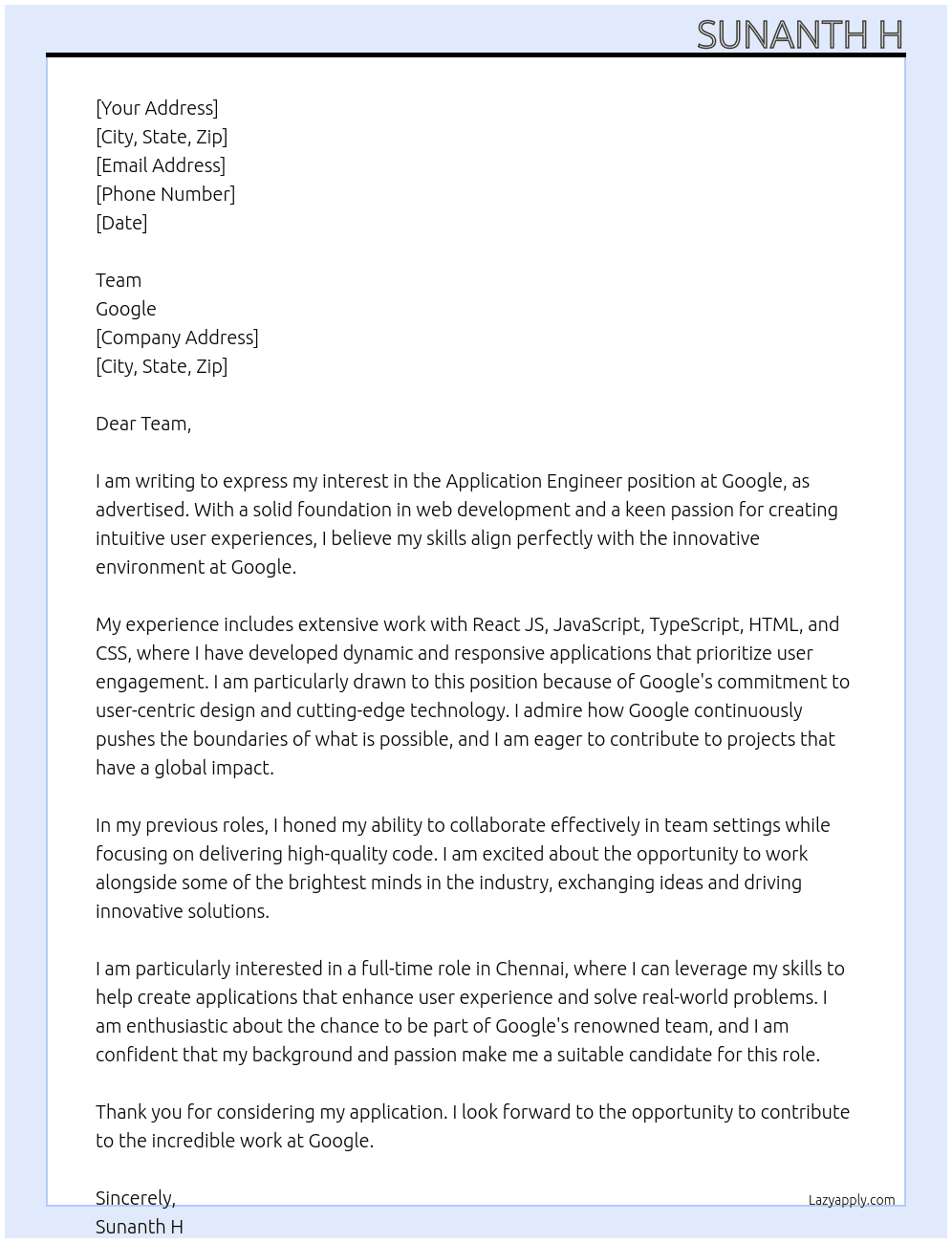 Application Engineer  At Google  Cover Letter