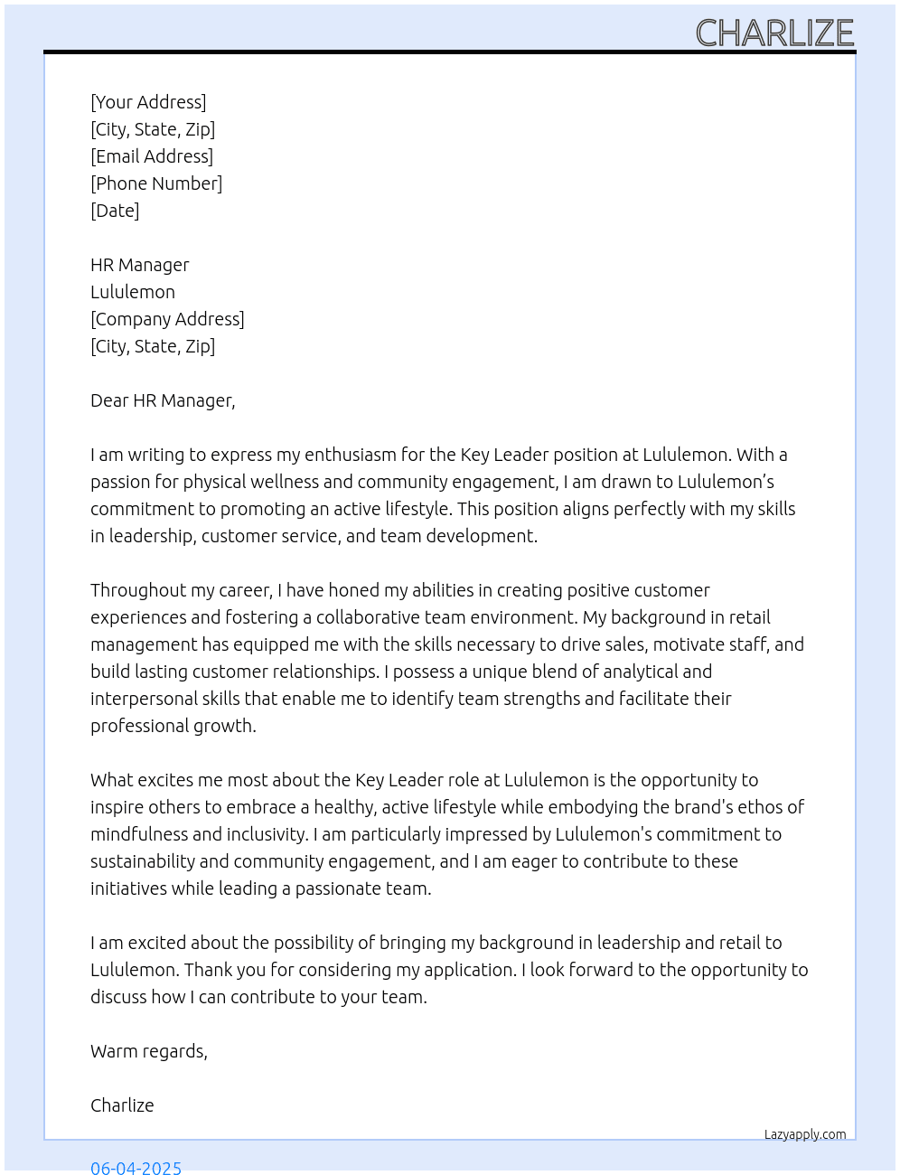 Key Leader At Lululemon Cover Letter