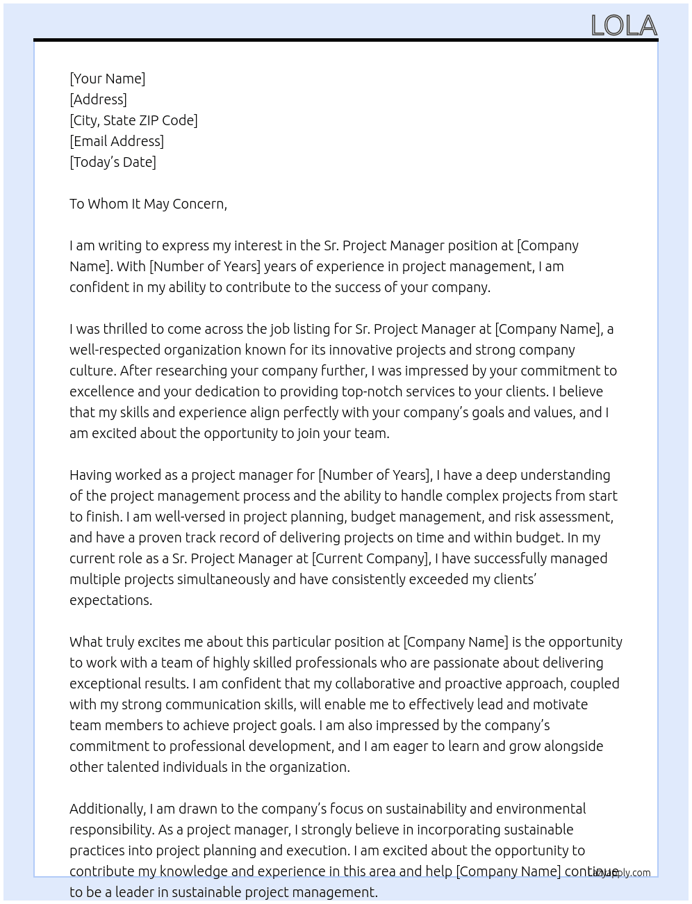 Cover letter for sr. project manager - LazyApply