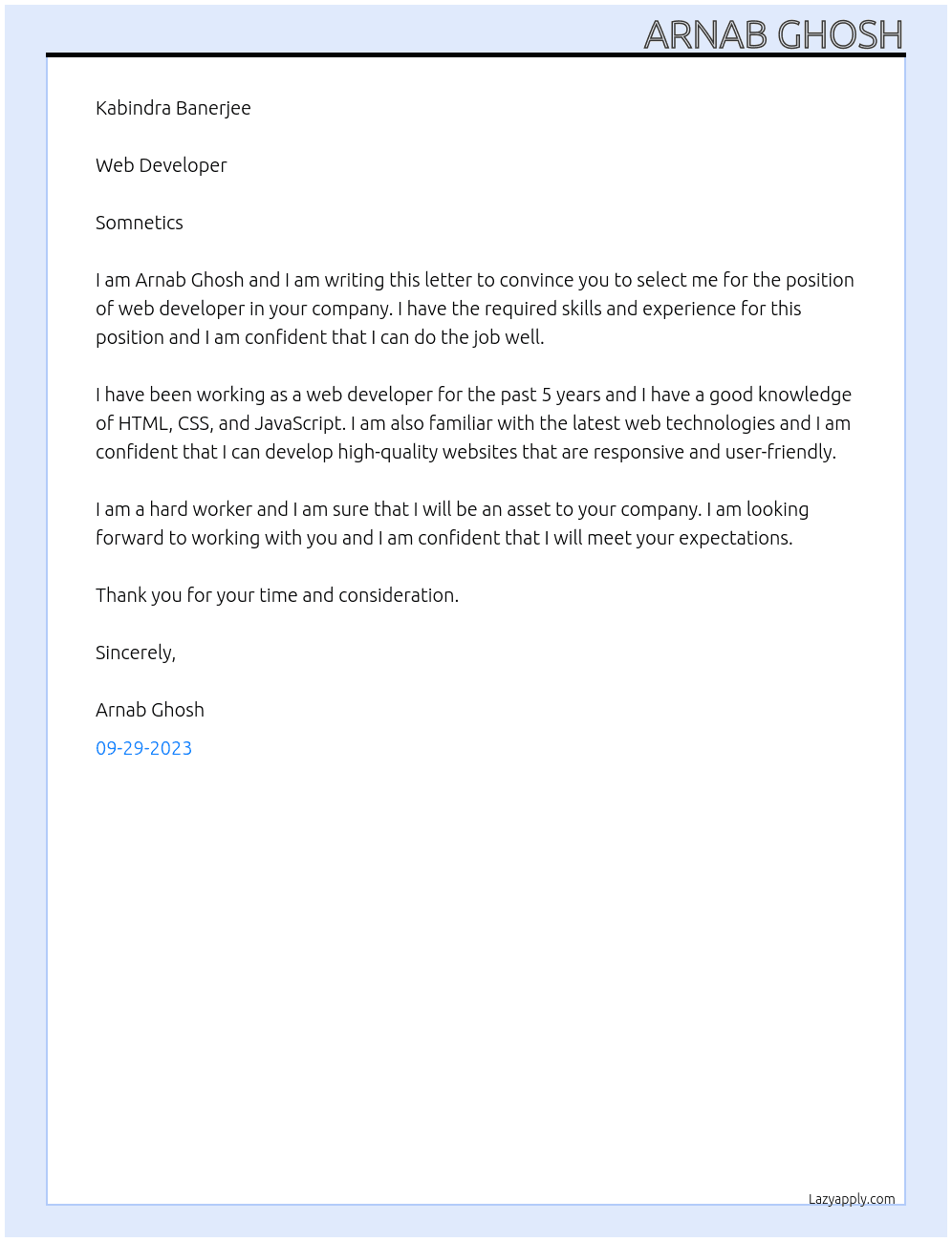 Web Developer At Somnetics Cover Letter