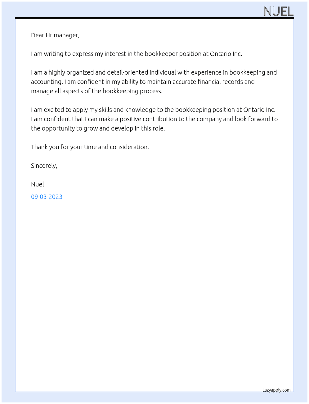 bookeeper At Ontario Inc Cover Letter
