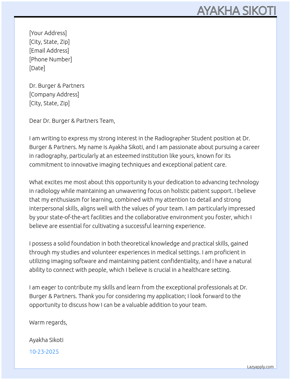 Radigrapher Student At Dr Burger &parners Cover Letter