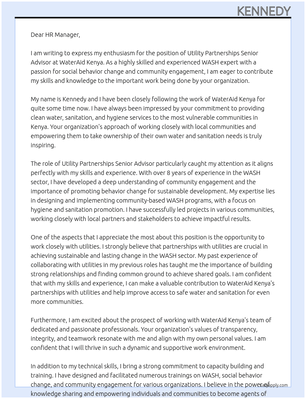 Utility Partnerships Senior Advisor At Water aid Kenya Cover Letter