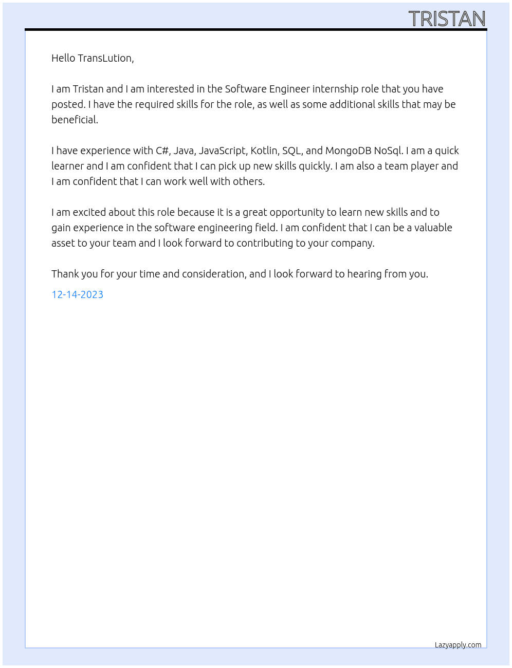 Software Engineer internship At TransLution Cover Letter