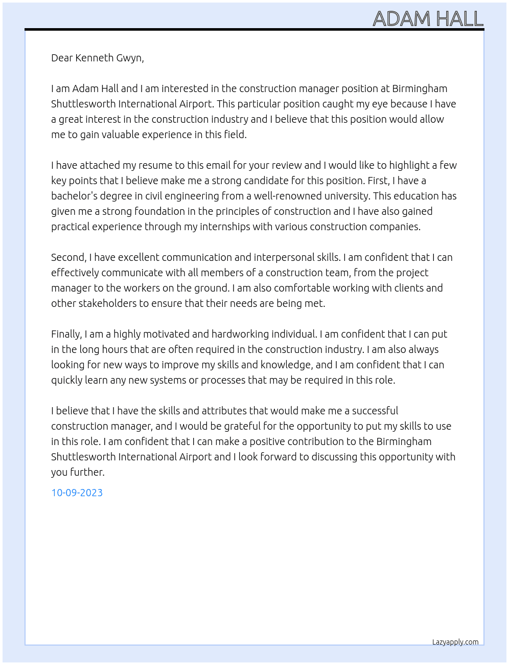 Construction Manager At Birmingham Shuttlesworth International Airport Cover Letter