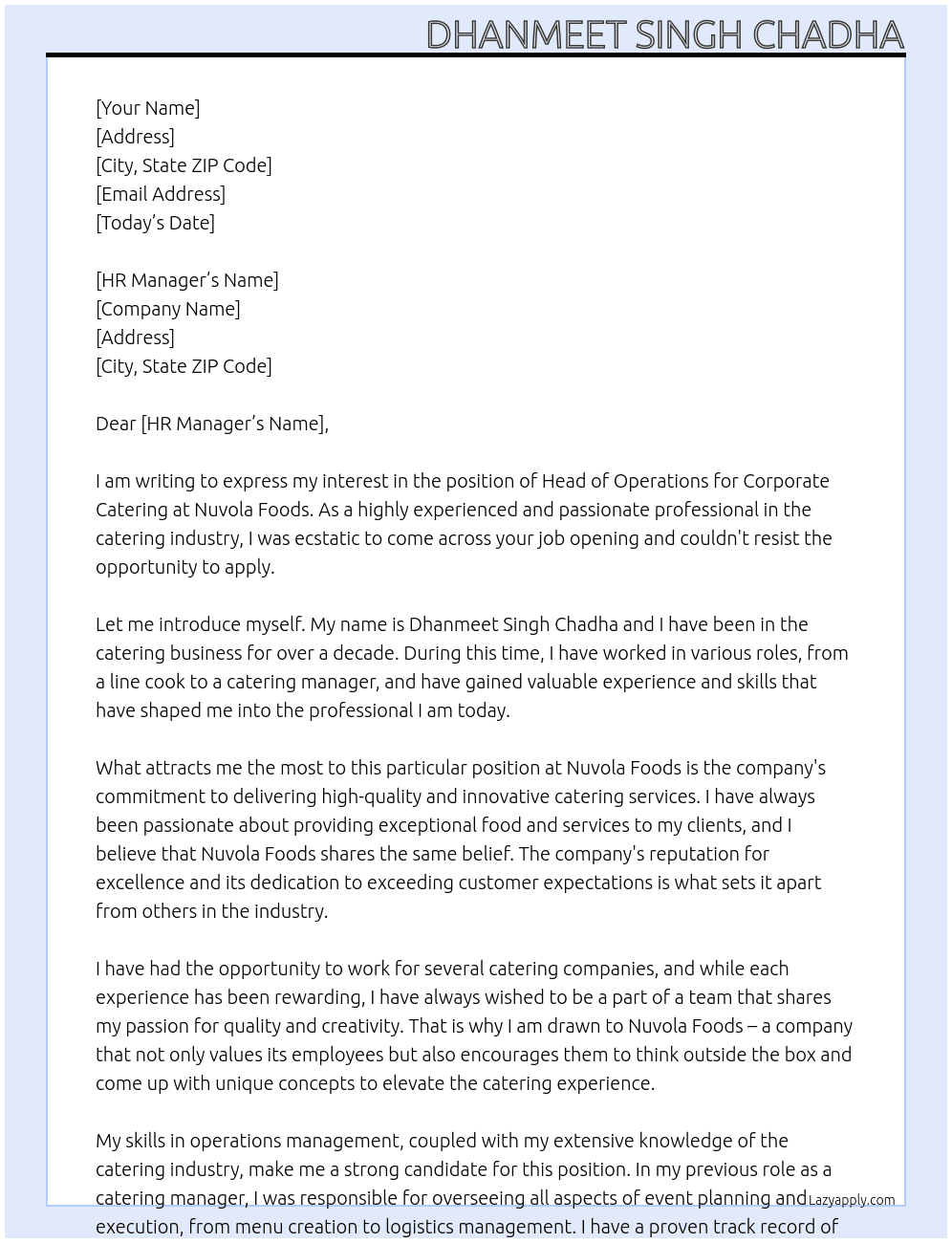 Cover letter for head of operations  corporate catering - LazyApply