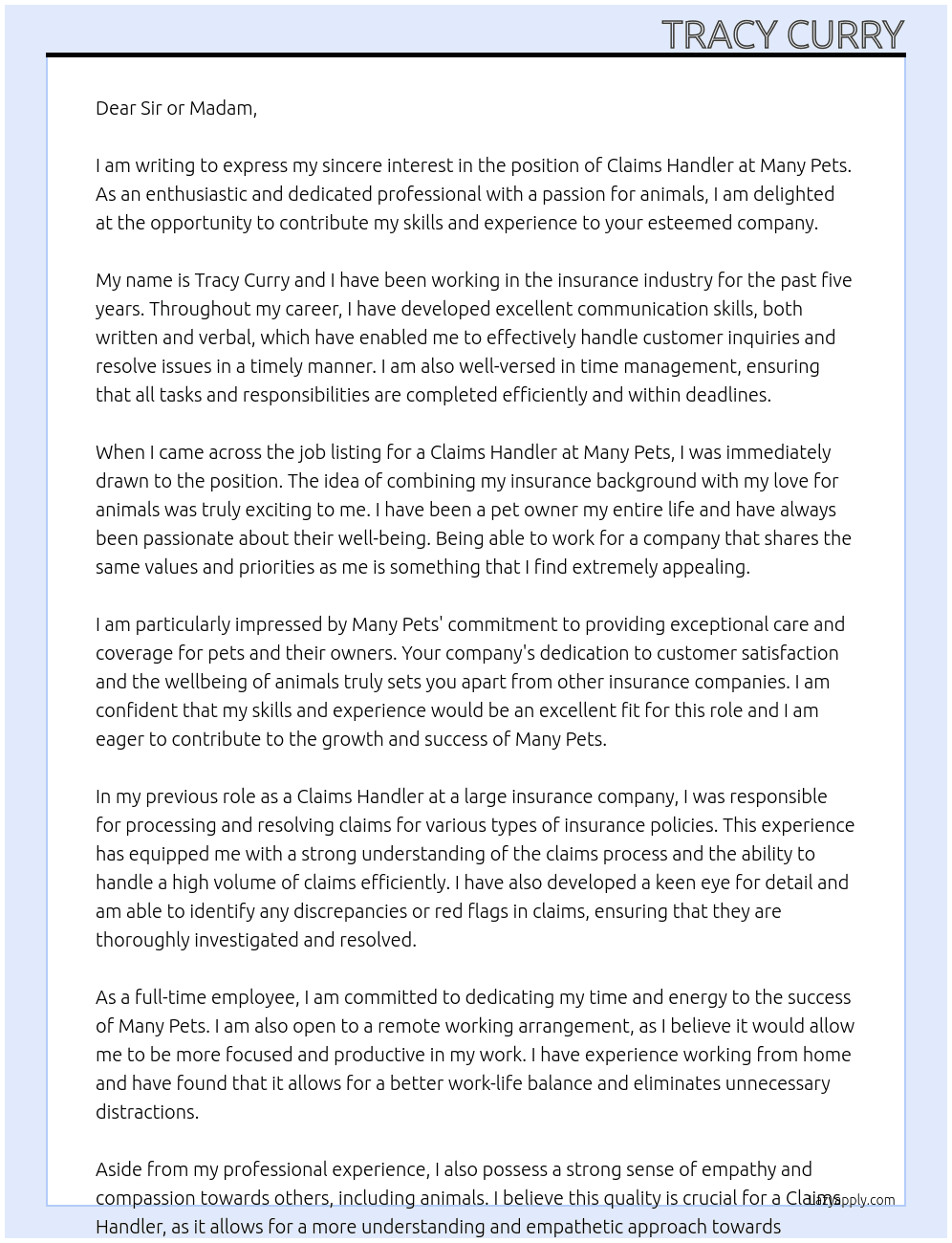 Claims handler At Many Pets Cover Letter