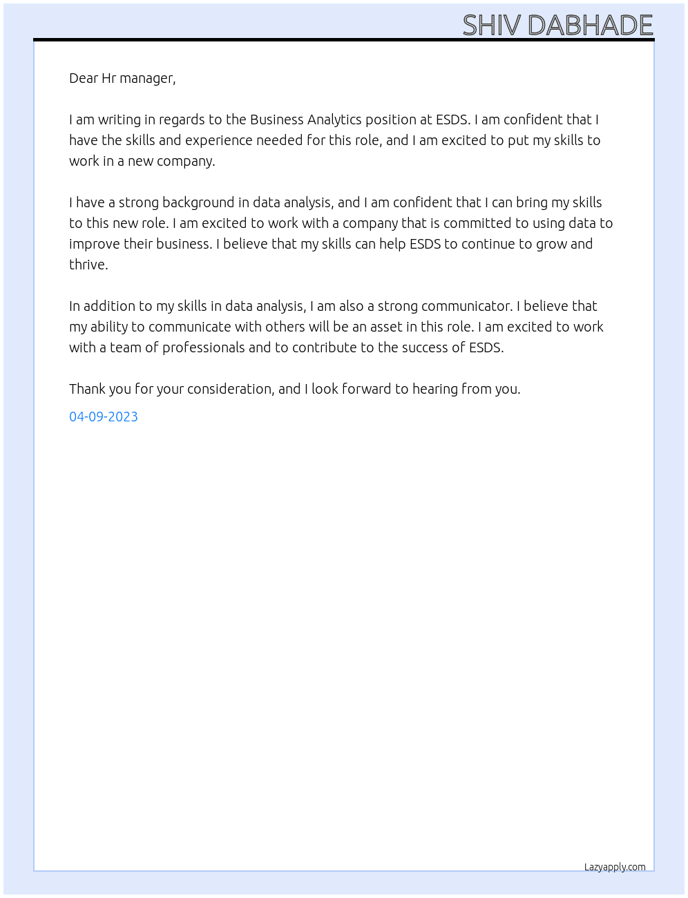 Business Analytics At ESDS Cover Letter