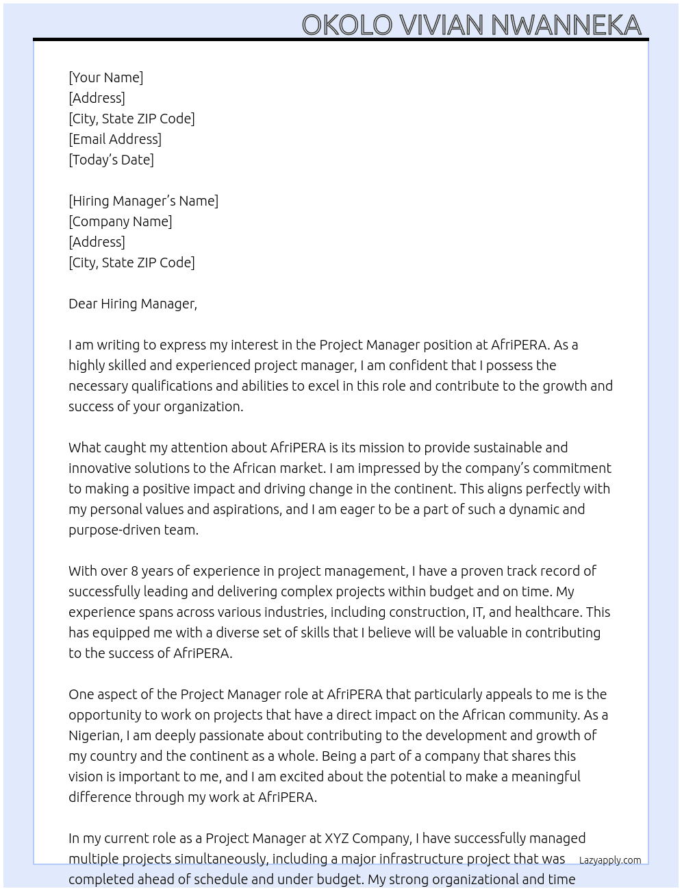 Project Manager  At AfriPERA Cover Letter
