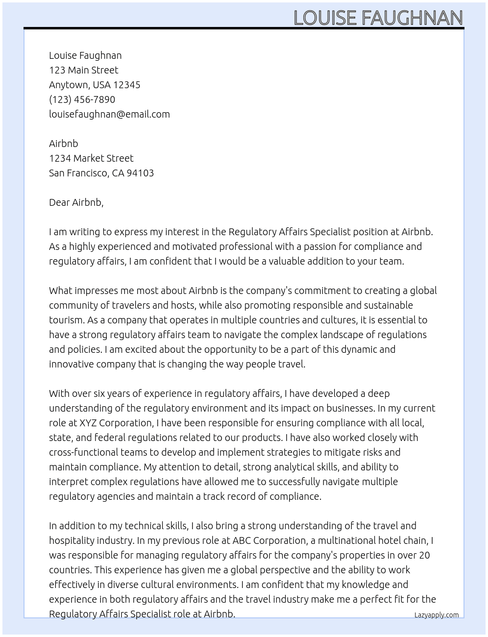 Regulatory Affairs Specialist At Airbnb Cover Letter