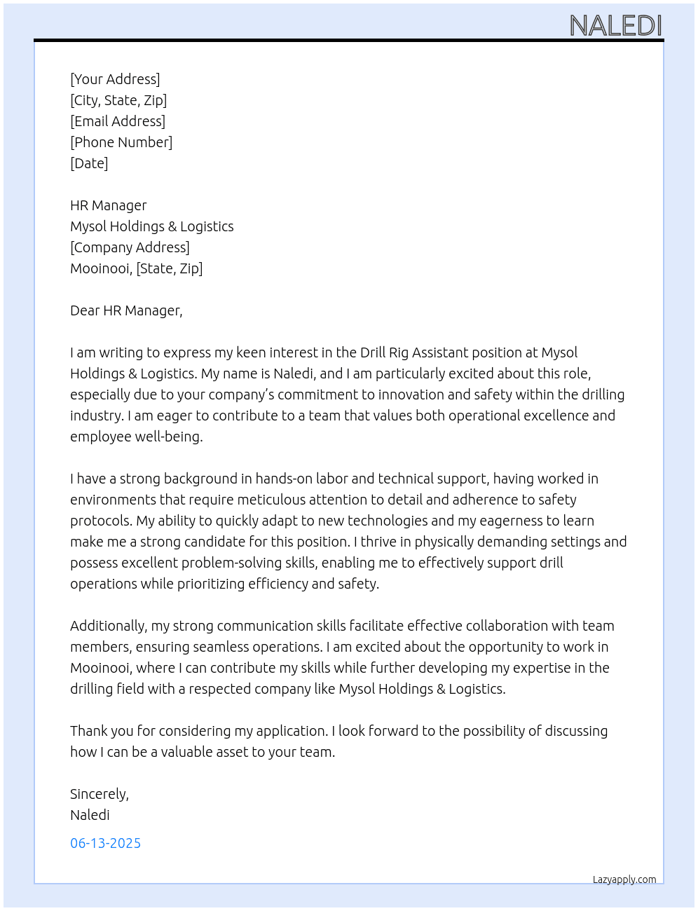 Drill Rig assistant  At Mysol Holdings & Logistics Cover Letter