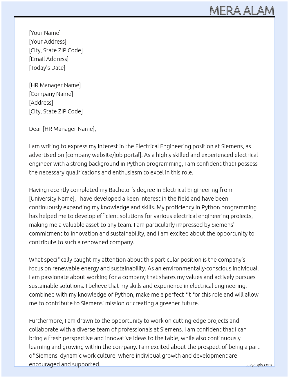 electrical engineering At simens Cover Letter