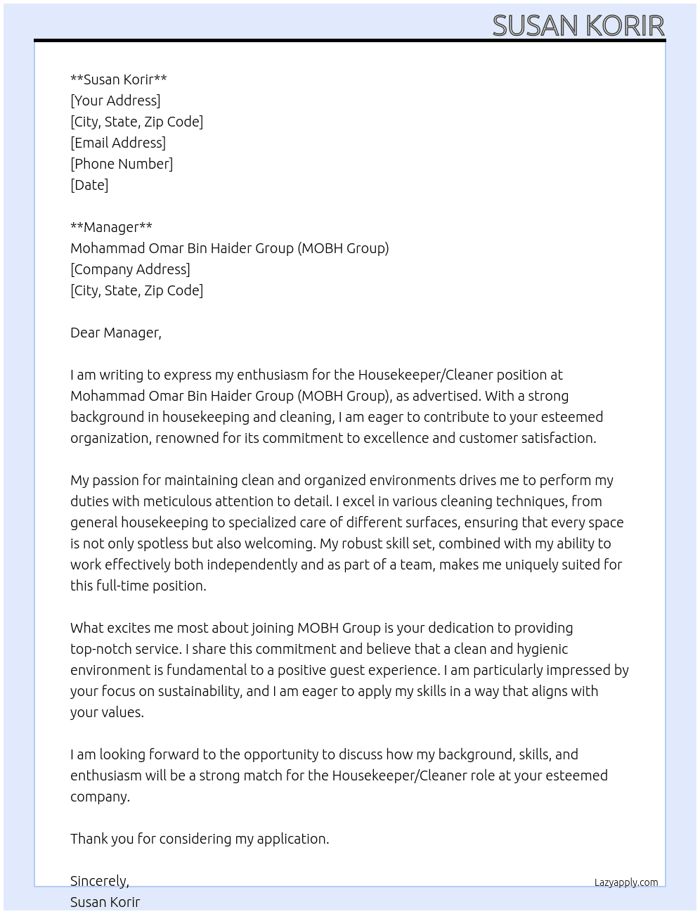 Cover letter for housekeeper/cleaner - LazyApply