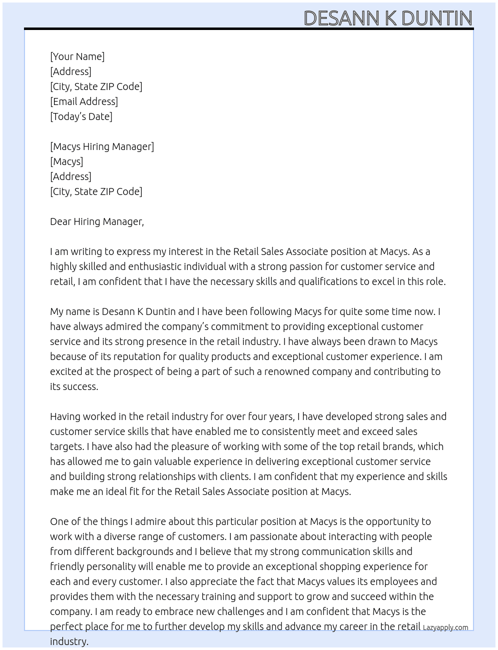 Retail Sales Associate At Macys Cover Letter