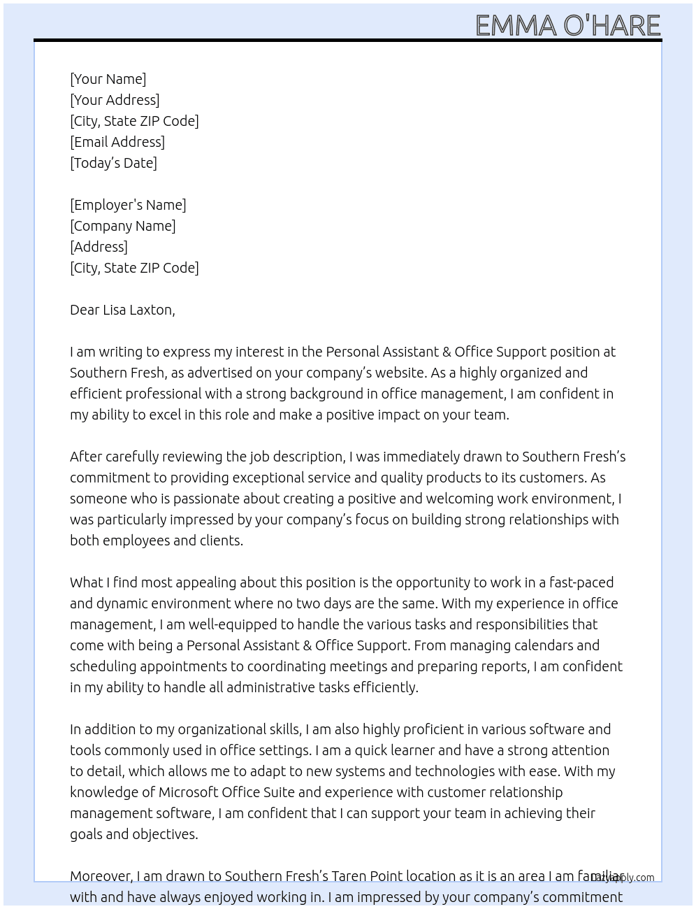 Personal Assistant & Office Support At Southern Fresh Cover Letter