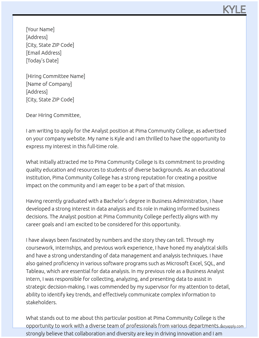 Analyst At Pima Community College Cover Letter