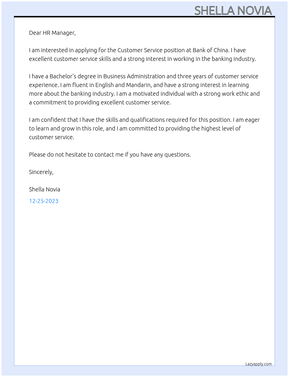 Customer Service At Bank of China Cover Letter