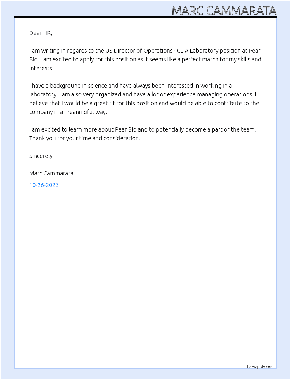 US Director of Operations - CLIA Laboratory At Pear Bio Cover Letter