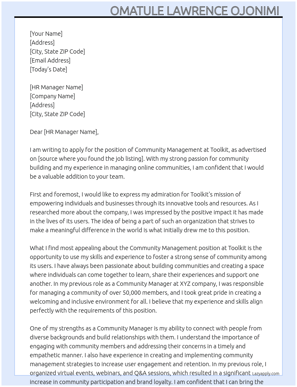 Community management  At Toolkit  Cover Letter