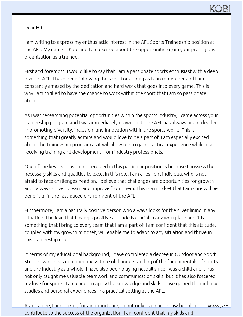 afl sports traineeship At afl Cover Letter