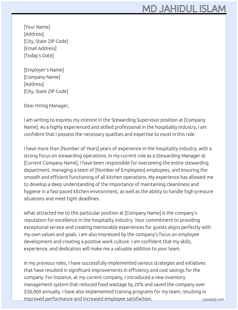 Stewarding Supervisor  At Stewarding Supervisor  Cover Letter