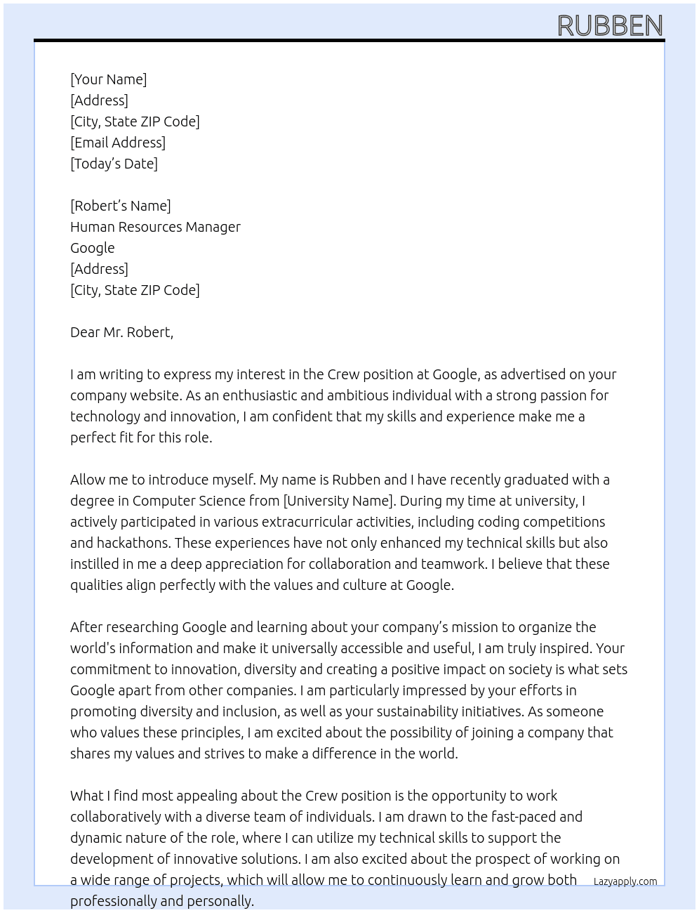 Crew At google Cover Letter