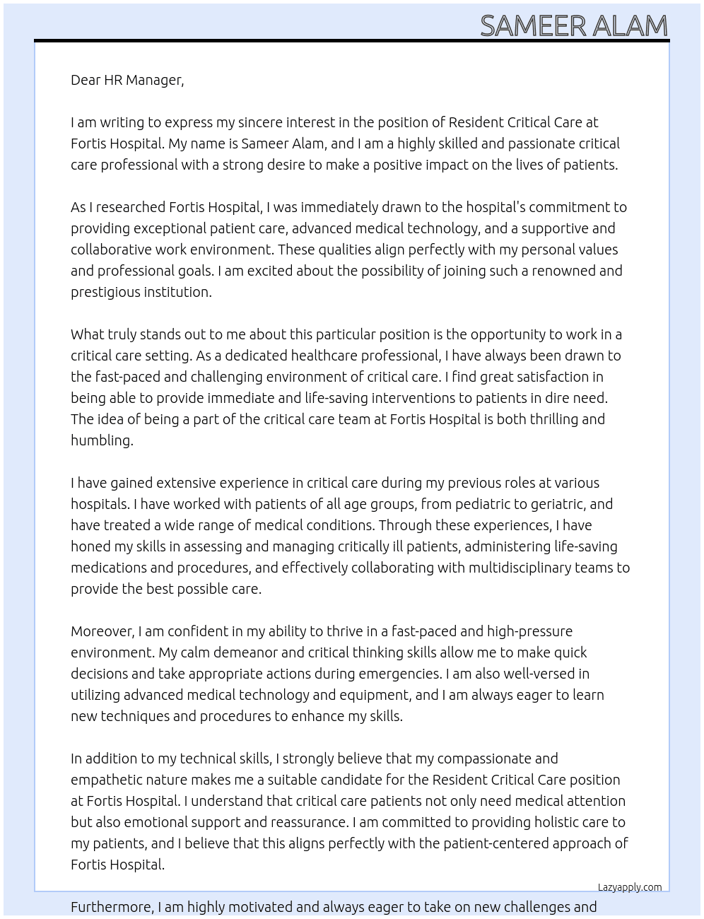 Resident critical care At Fortis hospital  Cover Letter