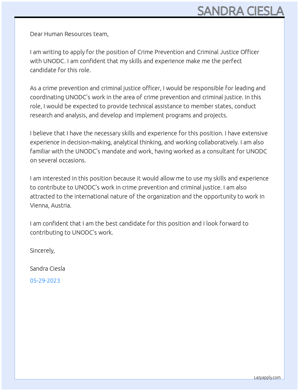 Crime Prevention and Criminal Justice Officer At UNODC Cover Letter