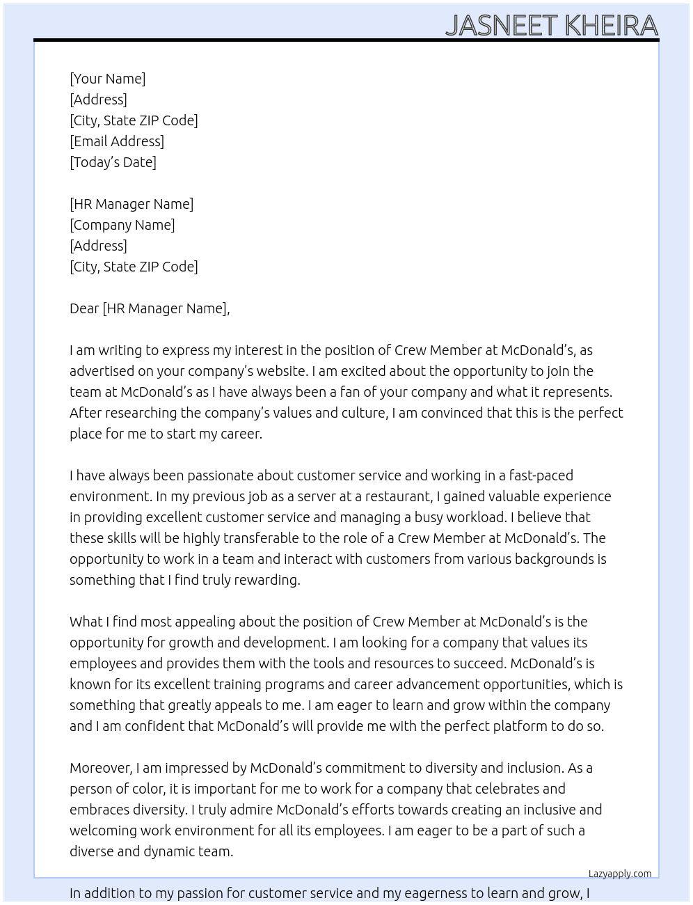 crew member  At McDonalds  Cover Letter
