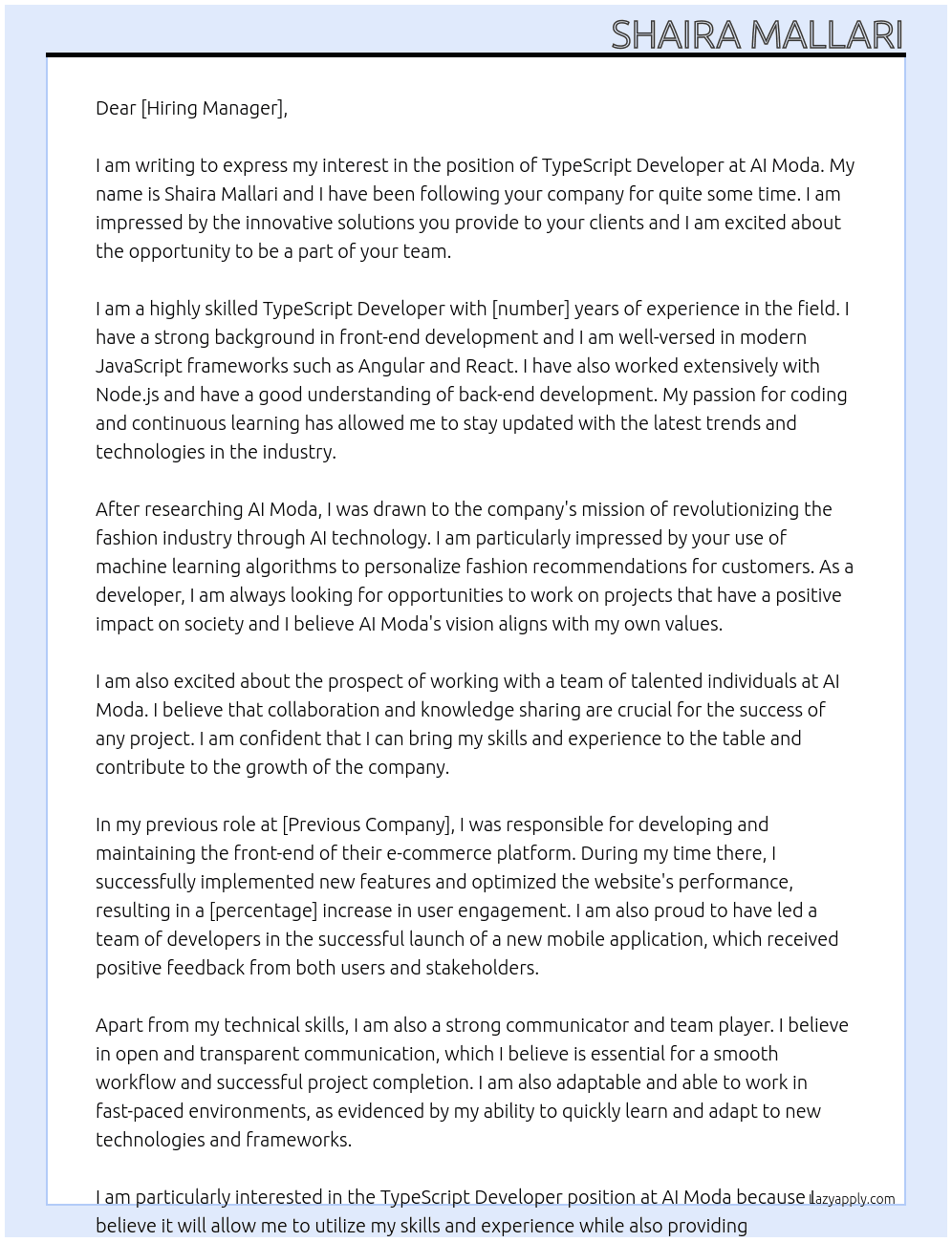typescript developer At ai moda Cover Letter