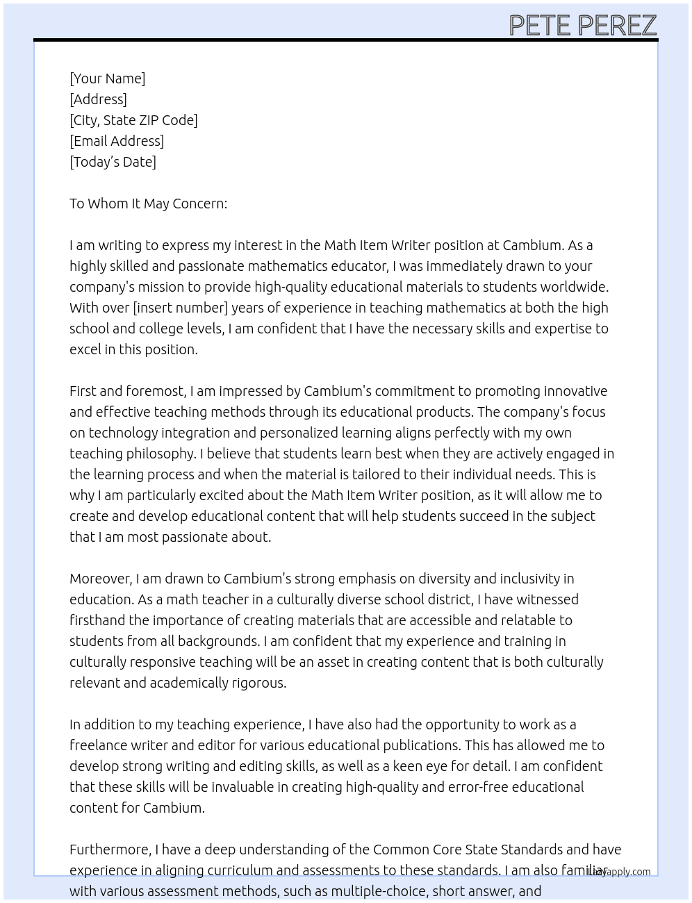 Math Item Writer At Cambium Cover Letter