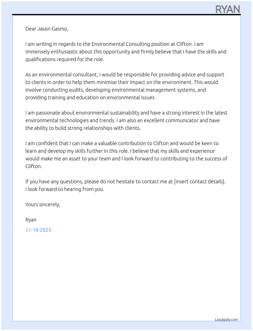 Environmental Consulting At Clifton Cover Letter
