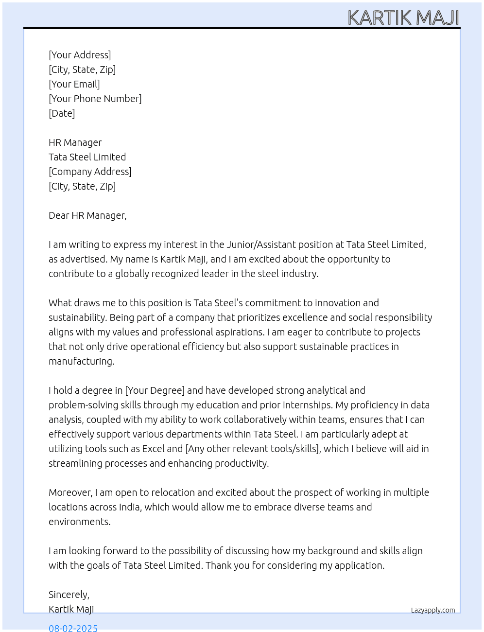 Cover letter for junior or assistant - LazyApply