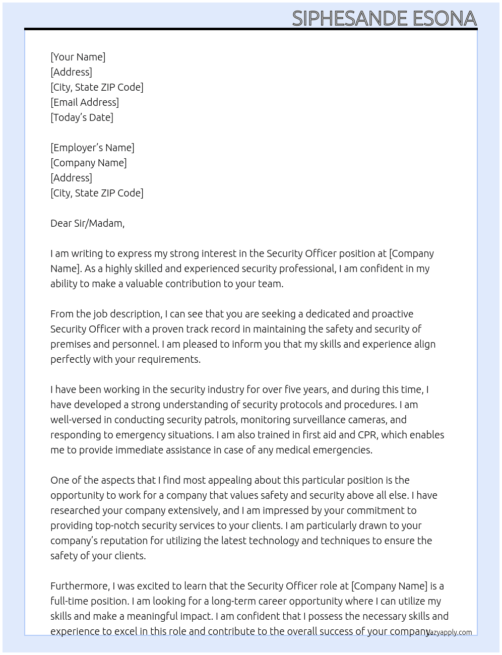 Security officer  At Security officer  Cover Letter