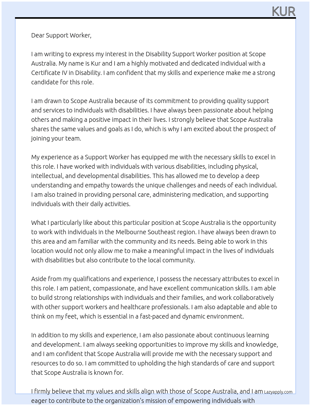 Disability Support Worker  At Scope Australia Cover Letter