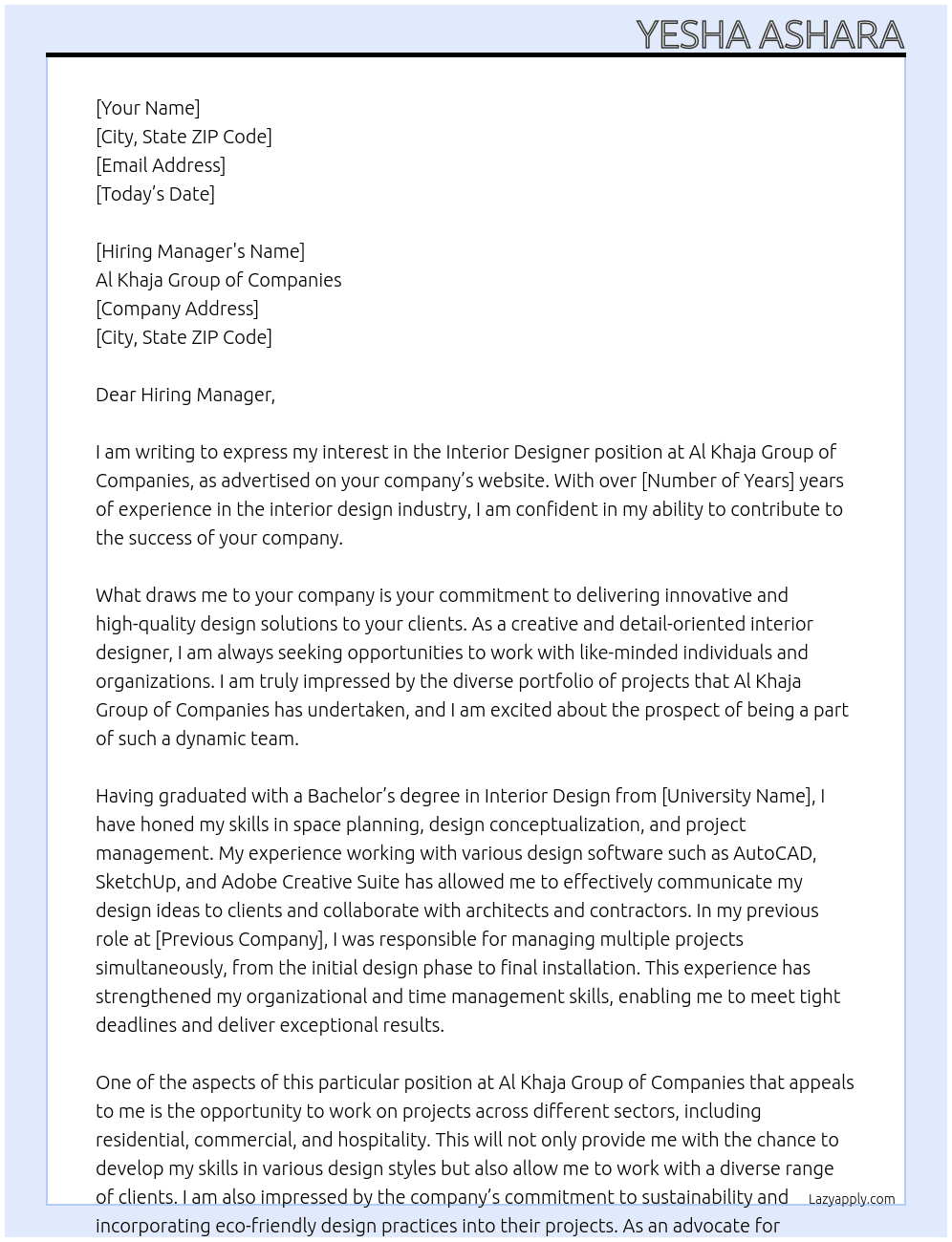 Interior Designer At Al Khaja Group of Companies Cover Letter