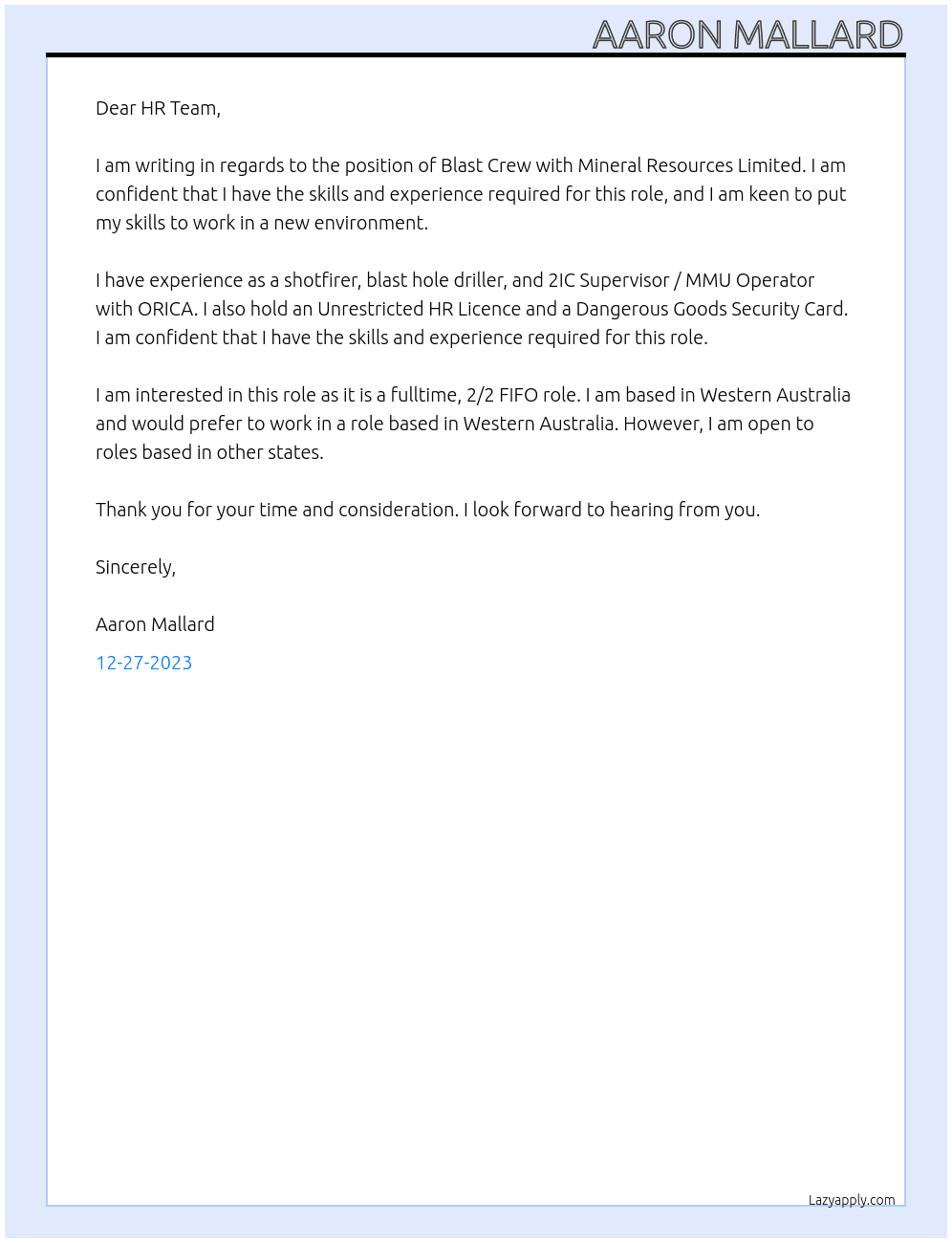 Blast Crew At MINERAL RESOURCES LIMITED Cover Letter
