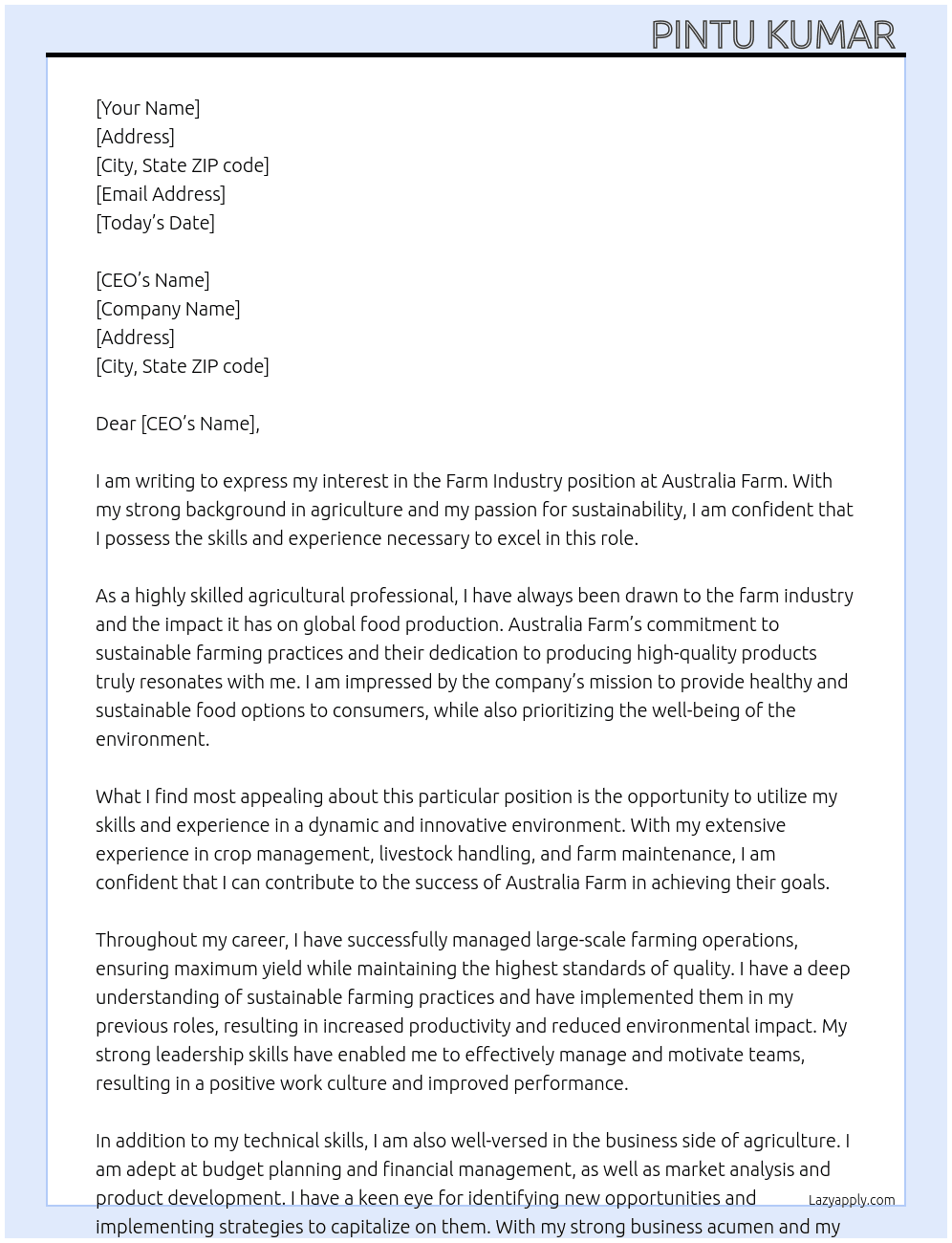 Cover letter for farm industry - LazyApply