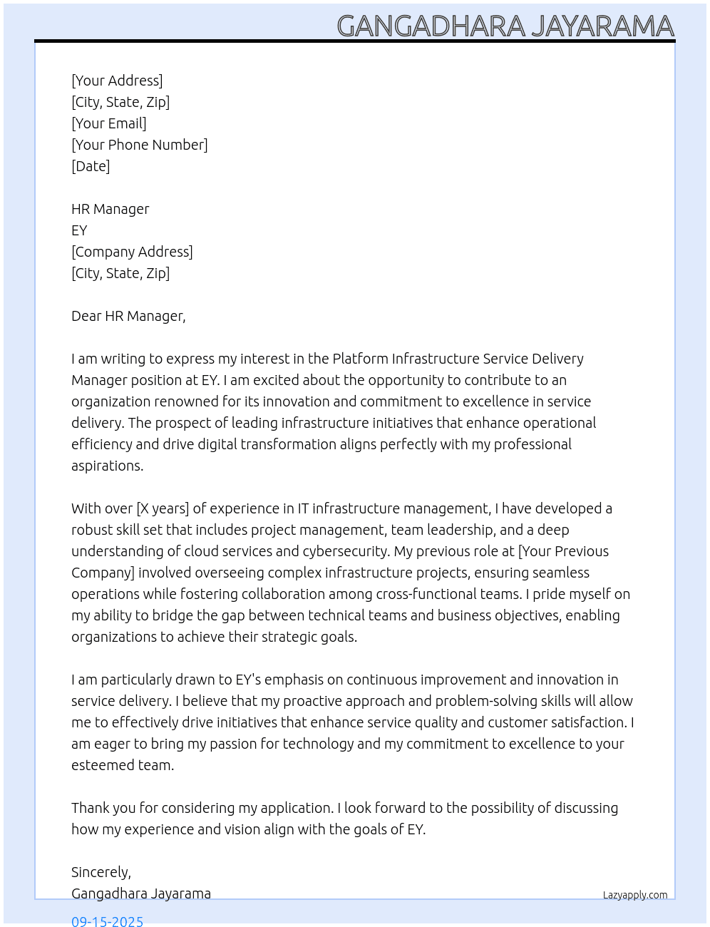 Cover letter for platform infrastructure service delivery manager - LazyApply