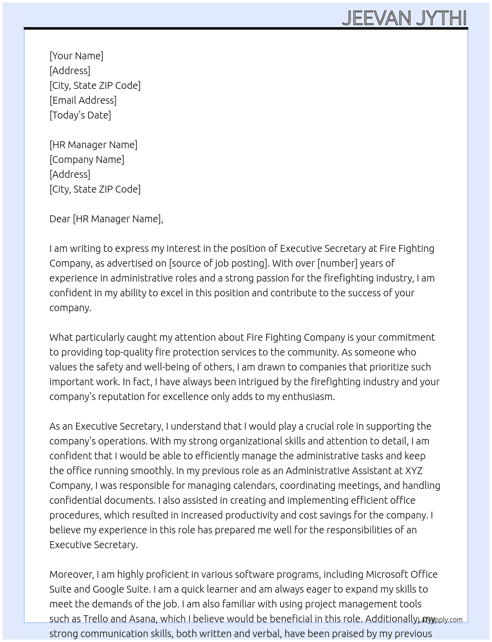 Executive Secretary At Fire Fighting Company Cover Letter