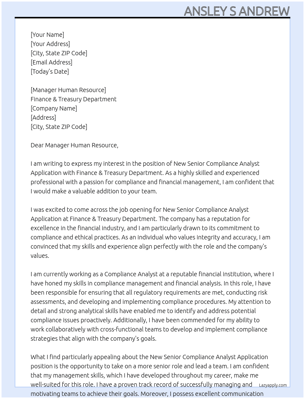 NewSeniorComplianceAnalystApplication At Finance & Treasury Department Cover Letter