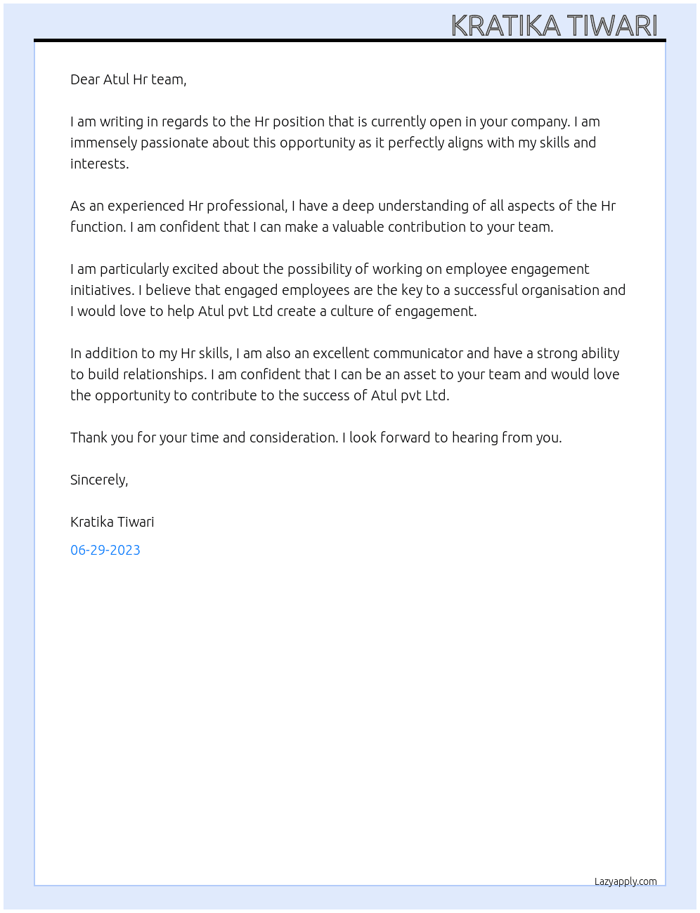 Hr  At Atul pvt Ltd  Cover Letter