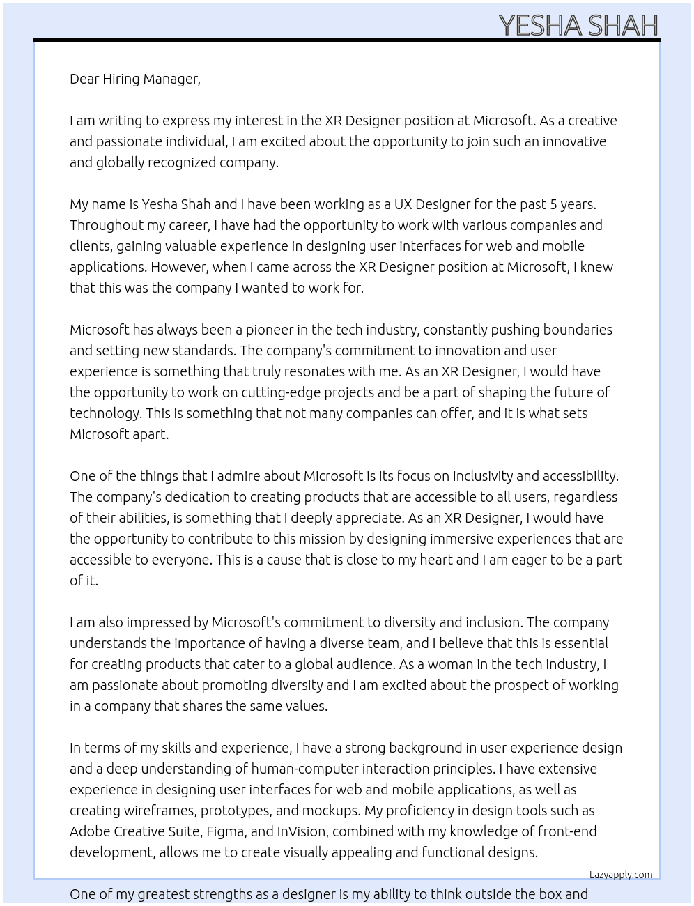 Cover letter for xr designer - LazyApply