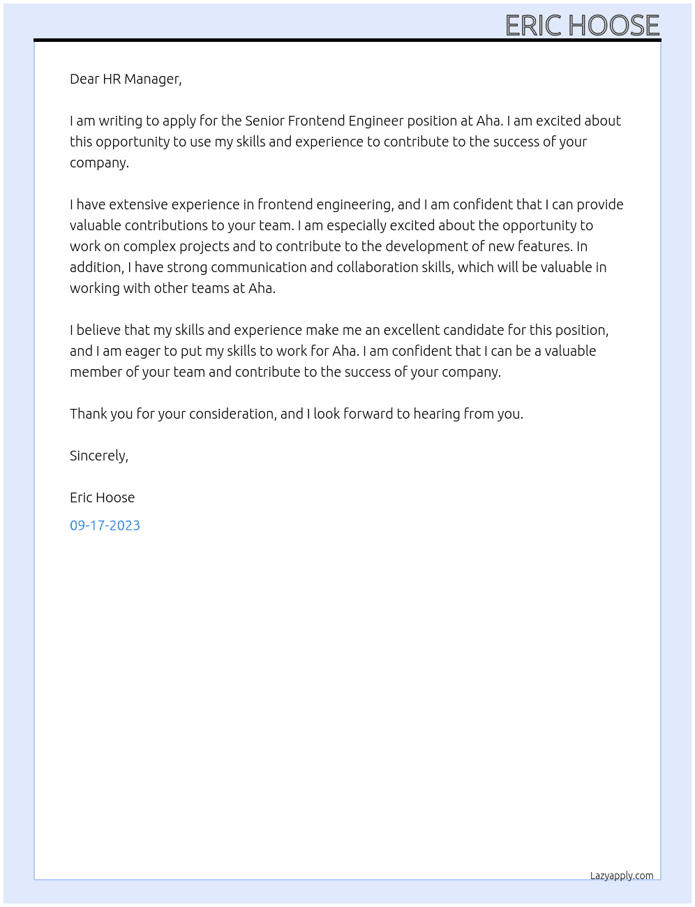 Senior Frontend Engineer At Aha Cover Letter
