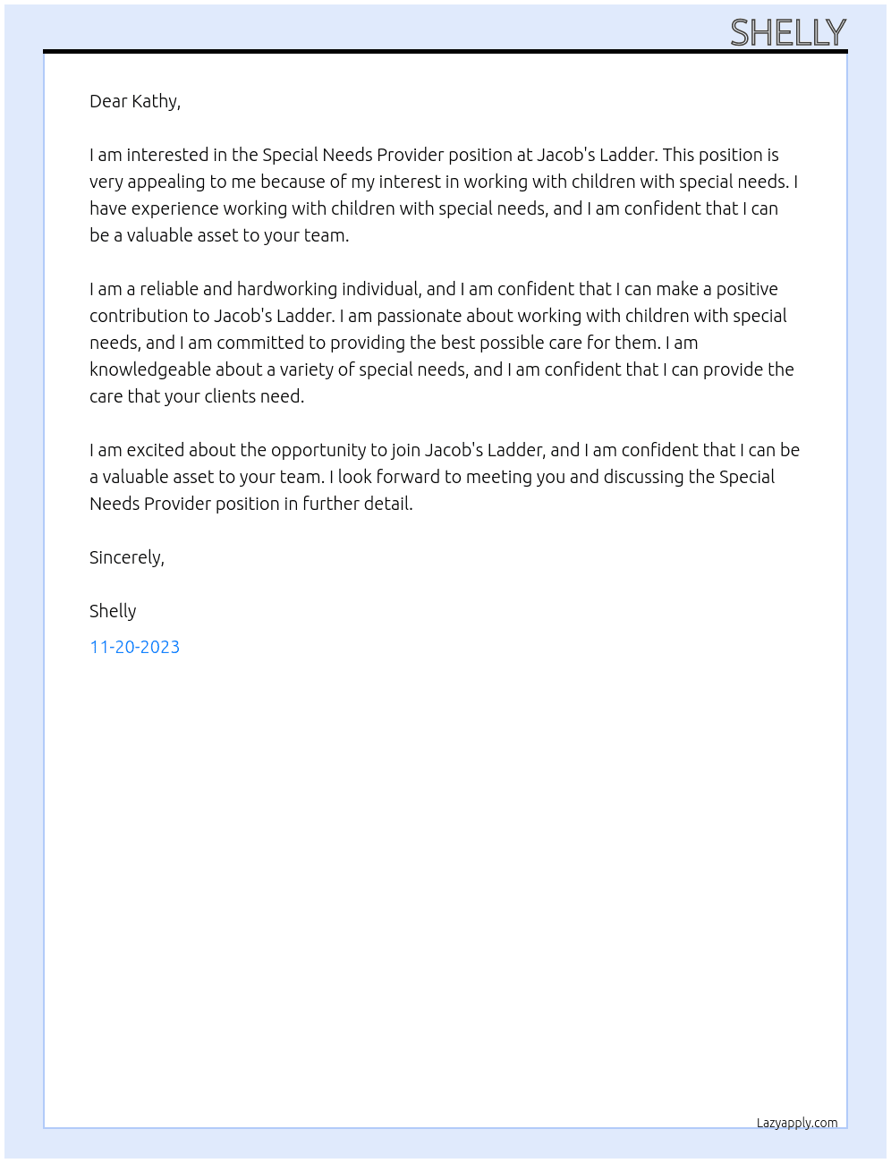 Special needs provider At Jacob's Ladder Cover Letter