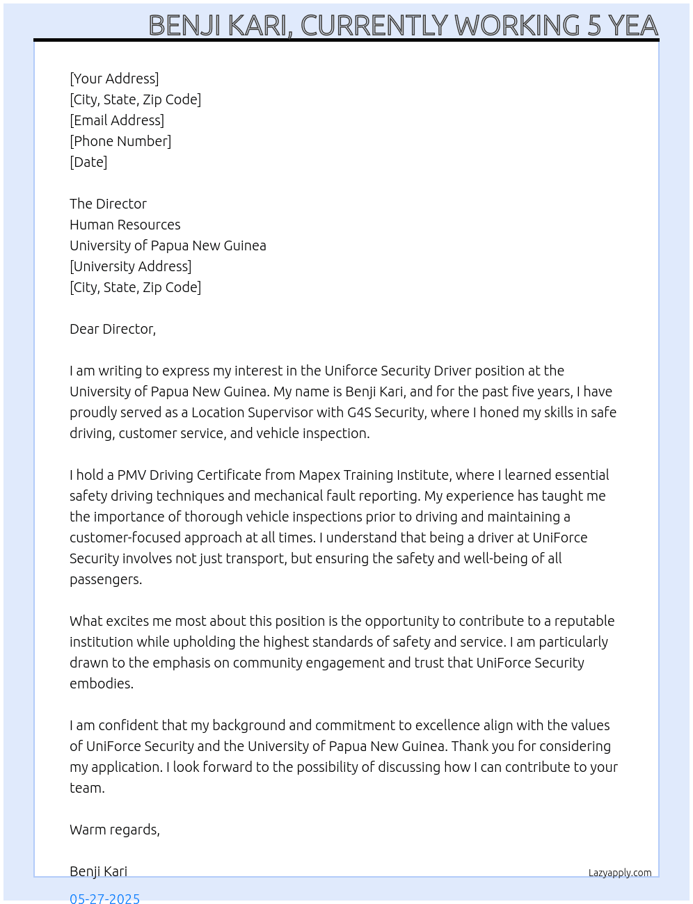 Cover letter for uniforce security driver - LazyApply