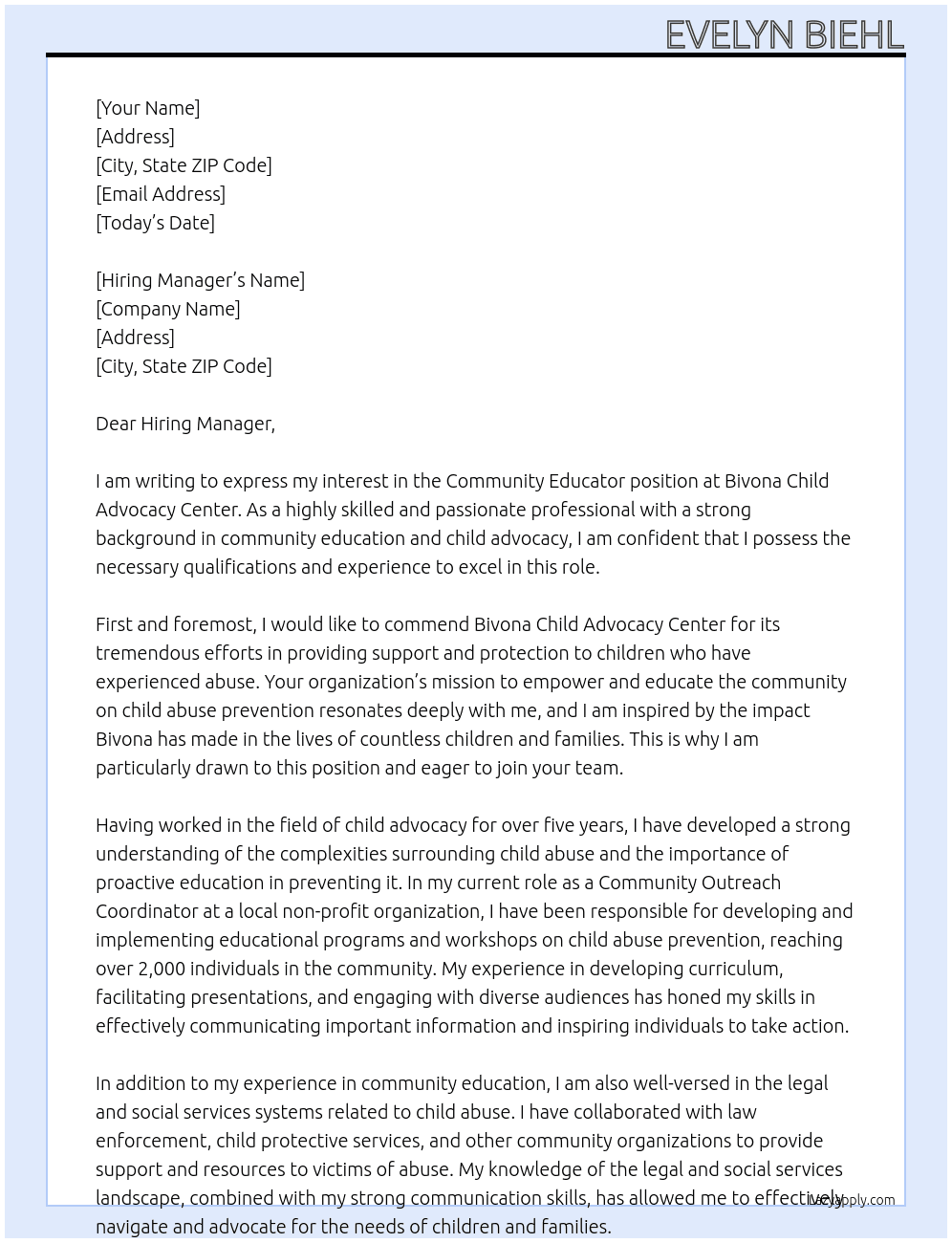 Community Educator At Bivona Child Advocacy Center  Cover Letter