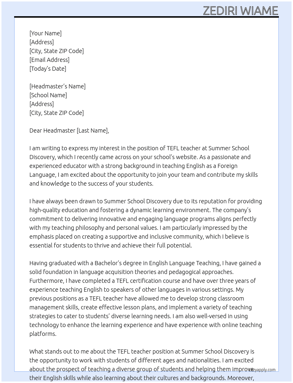 TEFL teacher At Summer School Discovery Cover Letter