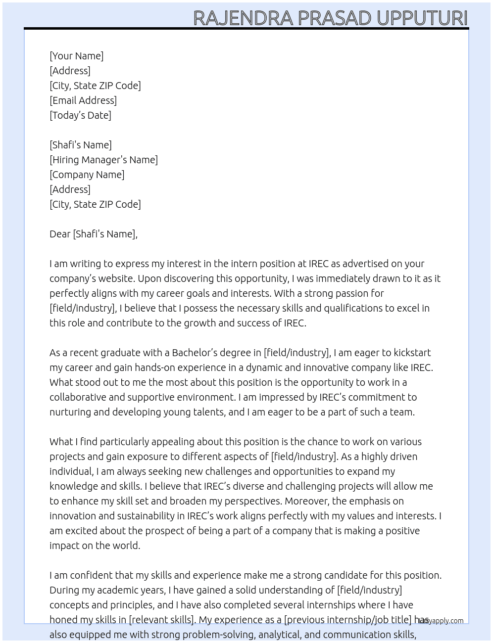 intern At IREC Cover Letter