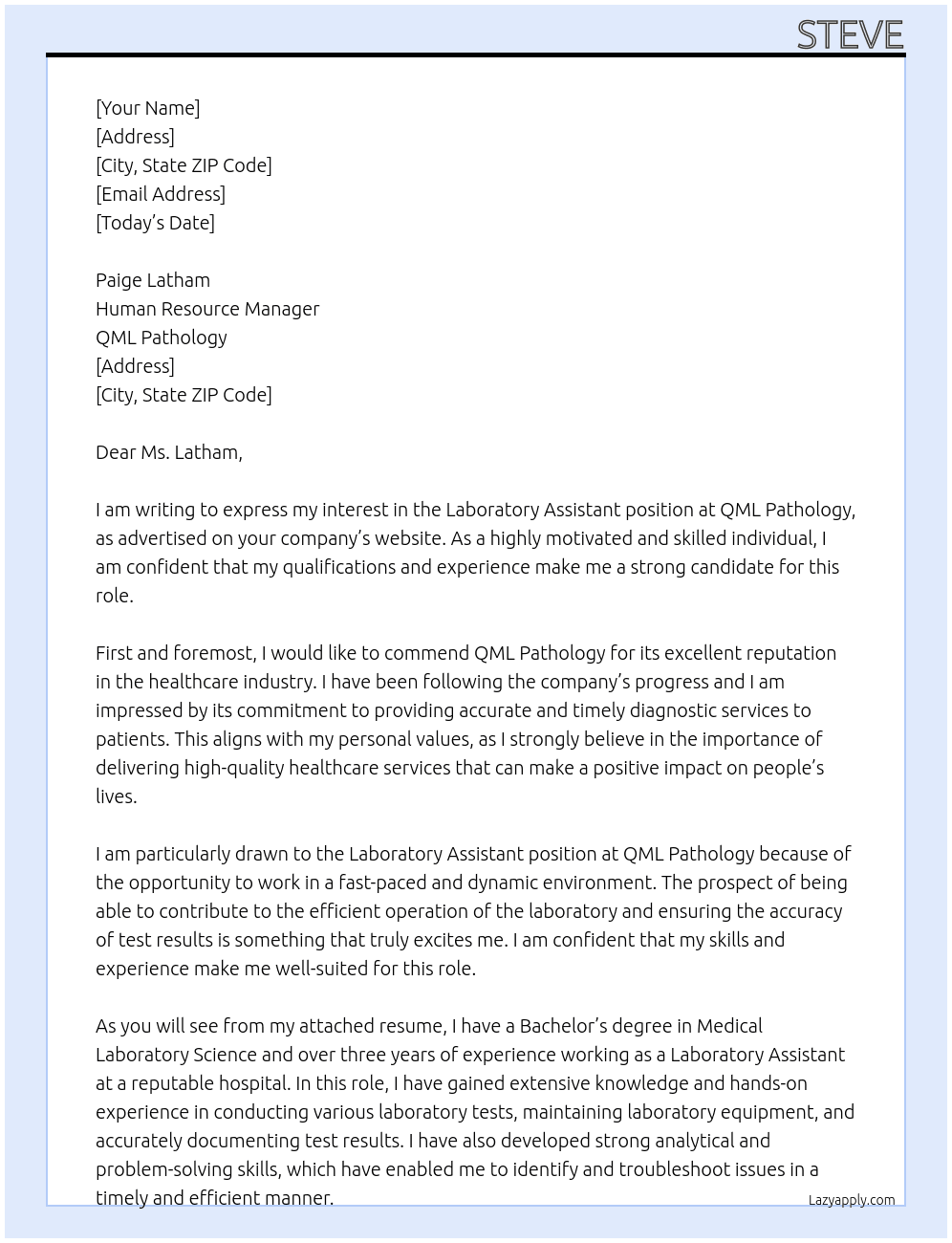 Laboratory Assistant At QML PATHOLOGY Cover Letter
